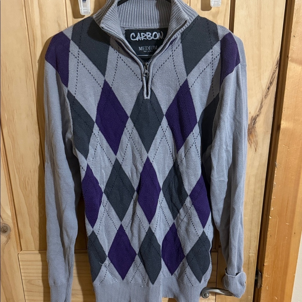 Carbon Men's Zip-Up Gray and Purple Argyle Sweater